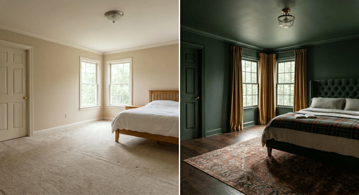Before-and-after image of a master bedroom, which was transformed from a light-colored room with carpet to a dark green room with wood floors and a tufted headboard.
