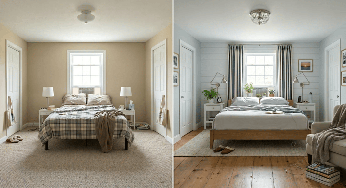 Before-and-after renovation photos of a master bedroom, showing a change from beige walls and carpet to light blue walls with horizontal planks and wood flooring.