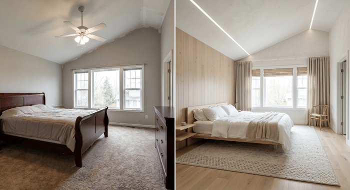 Before-and-after renovation images of a master bedroom, showing a change from a traditional style with carpet and dark wood furniture to a modern style with light wood floors, a wood accent wall, and integrated LED ceiling strip lighting.