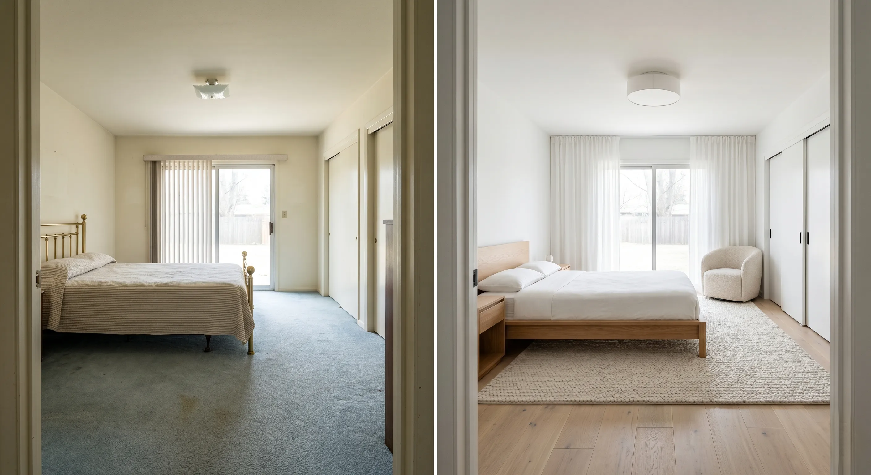 The image is a side-by-side comparison of a bedroom before and after renovation, showing a transition from dated decor with blue carpet and yellow walls to a modern, minimalist space with light wood floors and white walls.