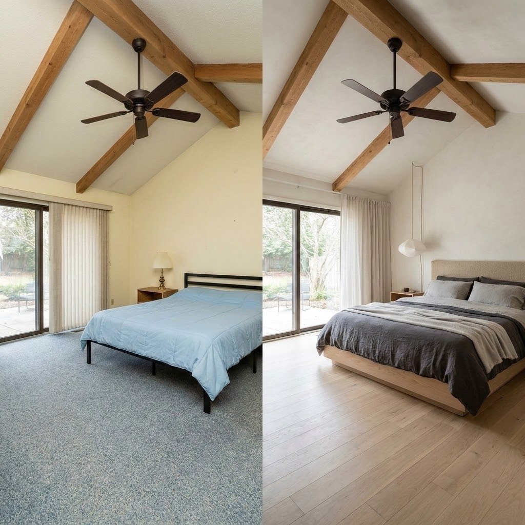 Before and after view of a master bedroom showing exposed wood ceiling beams and a large ceiling fan. The 'before' side has blue carpet, yellow walls, and a metal bed frame with a light blue bedspread. The 'after' side features light wood flooring, white walls, and a modern wooden bed frame with a gray bedspread.