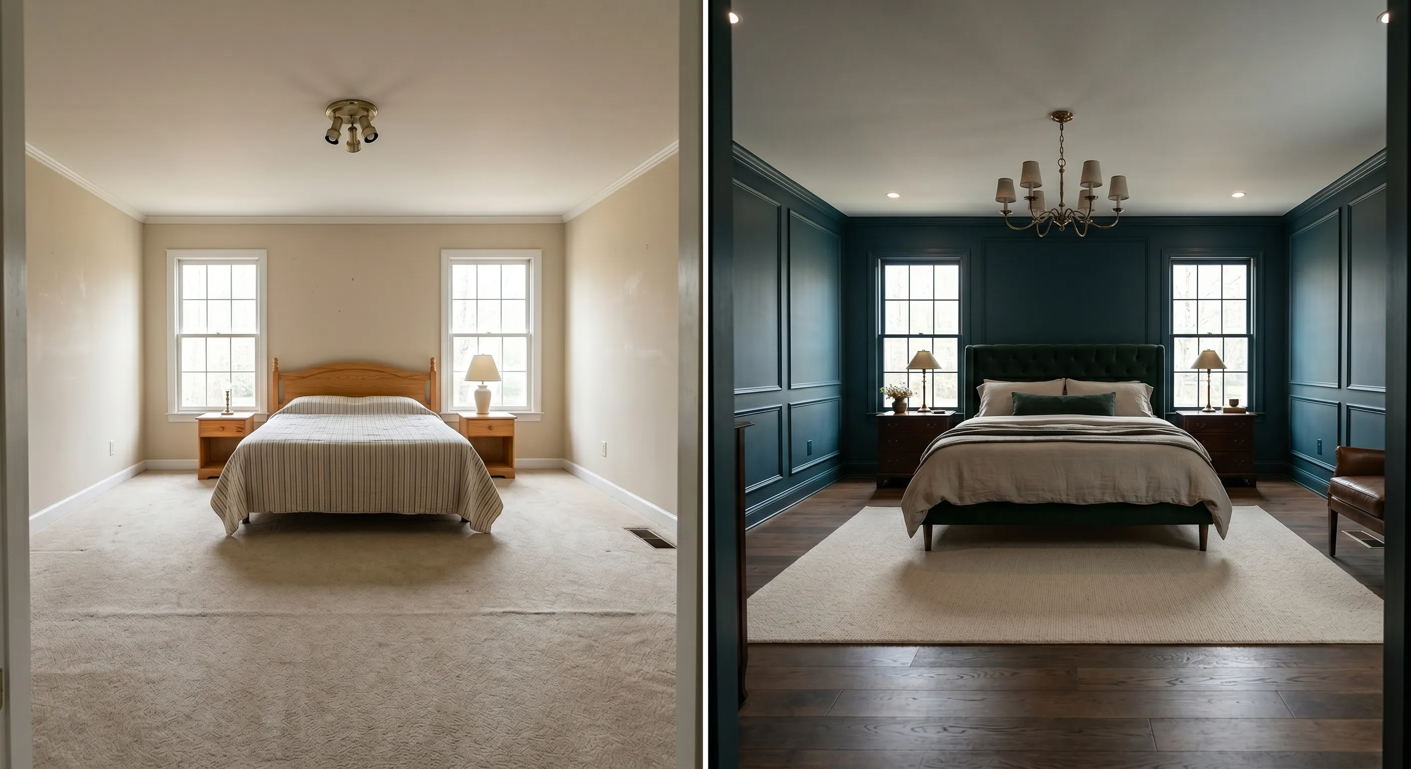 Before-and-after panels of a master bedroom renovation, showing a transition from a beige room with carpet to a dark teal room with wall paneling and a dark wood floor.