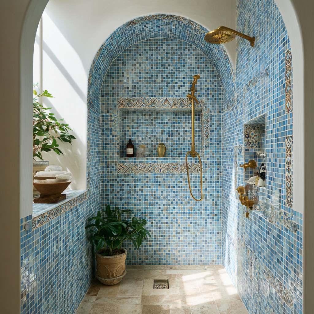 A Mediterranean-style arched shower with blue mosaic tile walls, decorative tile accents, brass fixtures, built-in niches, and potted plants illuminated by soft natural light.