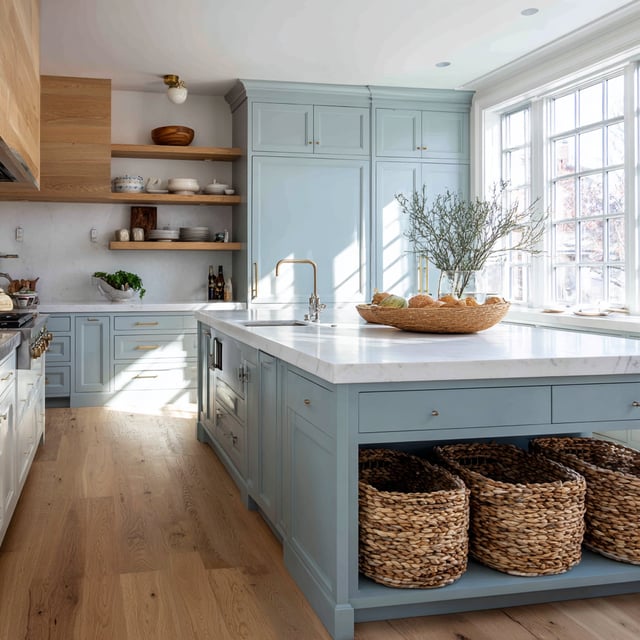 A bright, airy kitchen with soft blue cabinetry, a large white island with woven baskets underneath, open wood shelving, and sunlight streaming through tall windows onto warm wood floors.