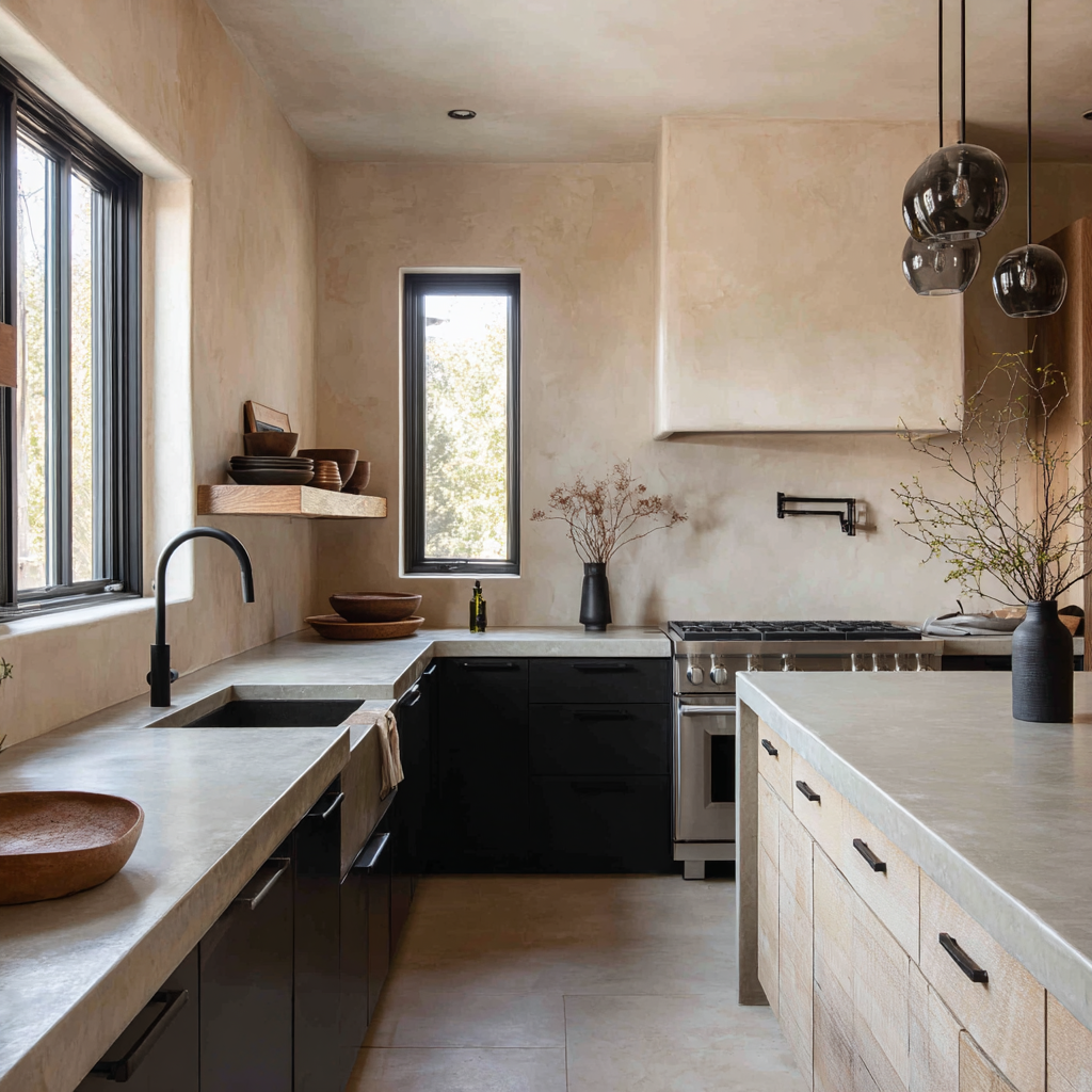 Image: A moody kitchen with raw plaster walls in pale sand, matte black lower cabinets, a whitewashed island base, concrete countertops, and smoked glass pendants. The plaster wall reads as an integral material rather than a backsplash substitute.