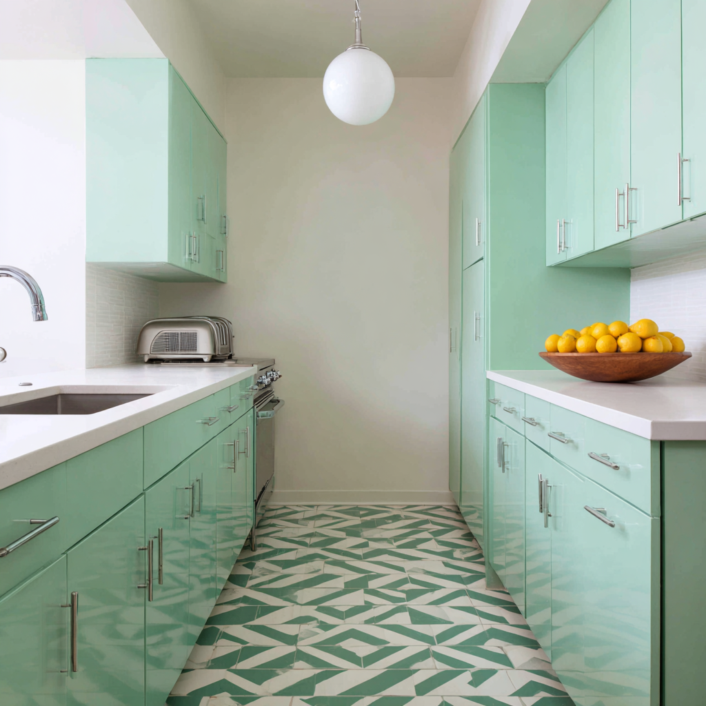 Mint kitchen with geometric floor tiles and white counters.