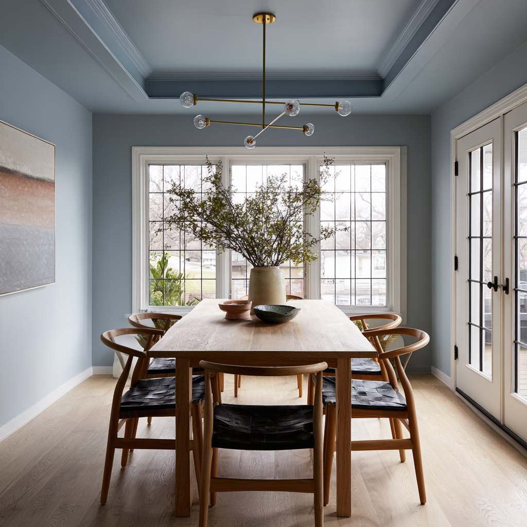  Modern dining room with gray walls and light wood furniture.