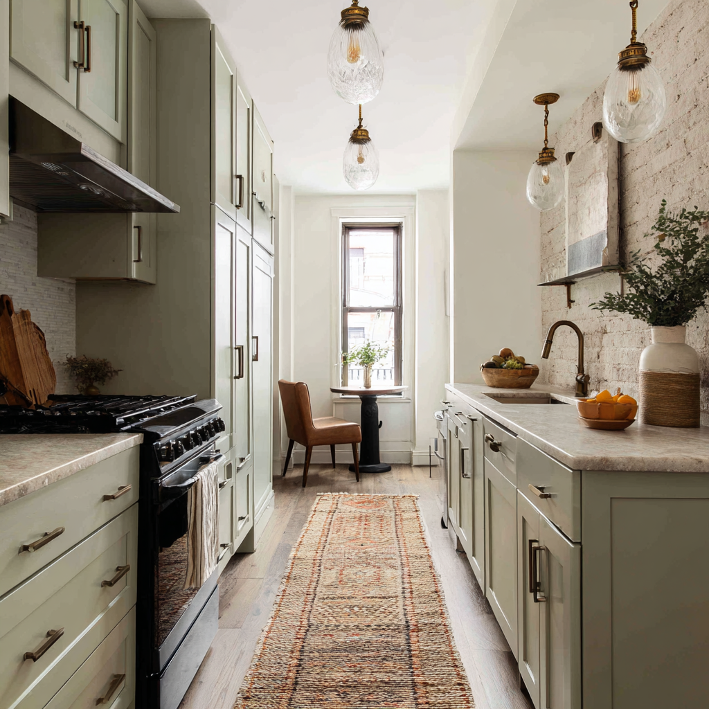 A narrow, modern galley kitchen with soft green cabinets, pendant lights, a runner rug, and a small seating nook by the window.