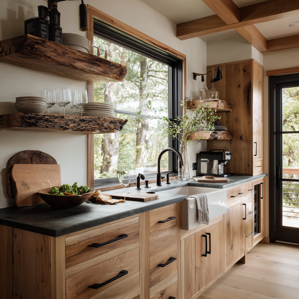 A warm, modern rustic kitchen with natural wood cabinets, live-edge shelves, a farmhouse sink, and a forest view through large windows.