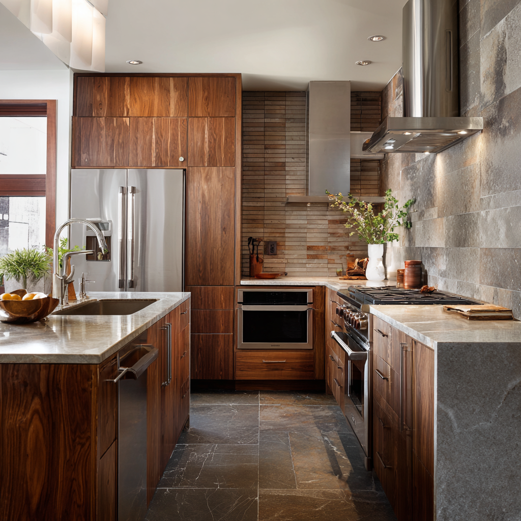 A modern rustic kitchen with rich wood cabinets, stone surfaces, and stainless steel appliances.