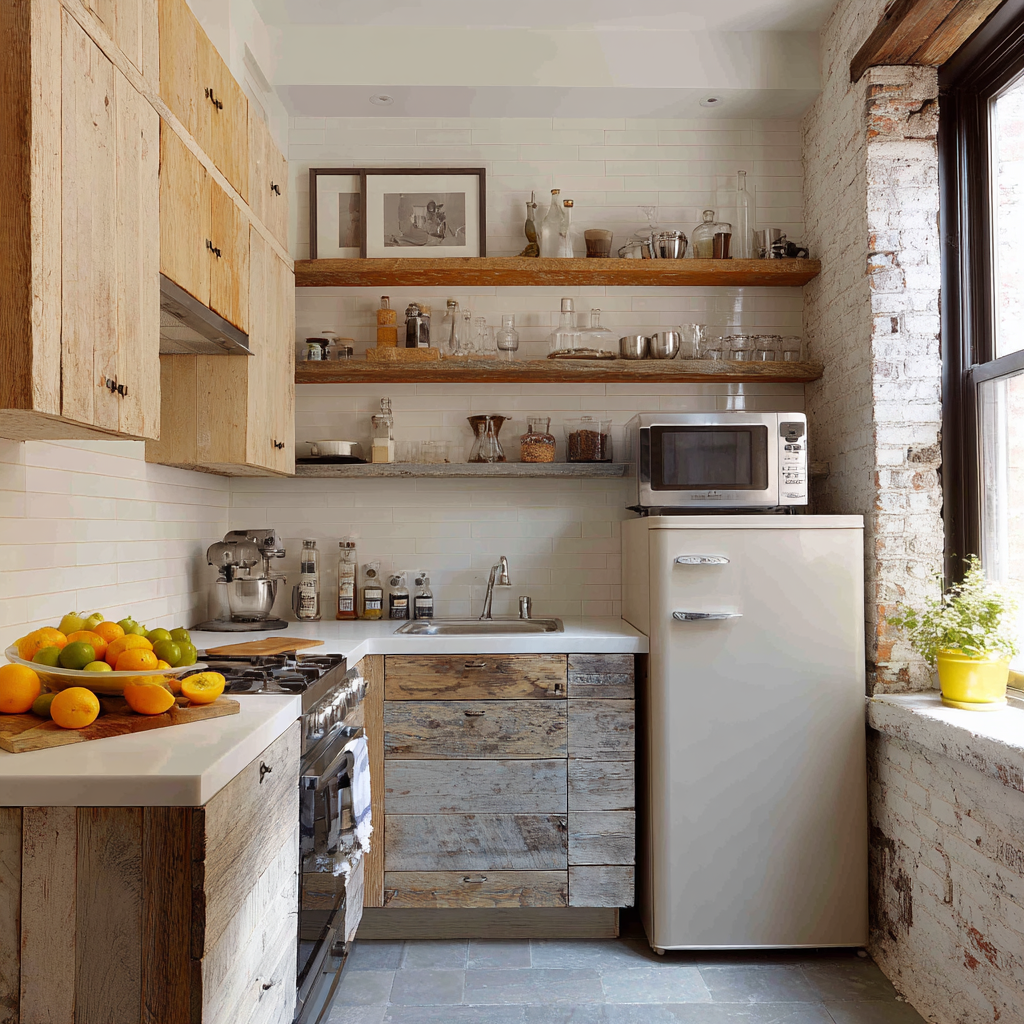 A modern rustic kitchen with reclaimed wood cabinets, open shelves, white tile walls, and a vintage-style fridge by the window.
