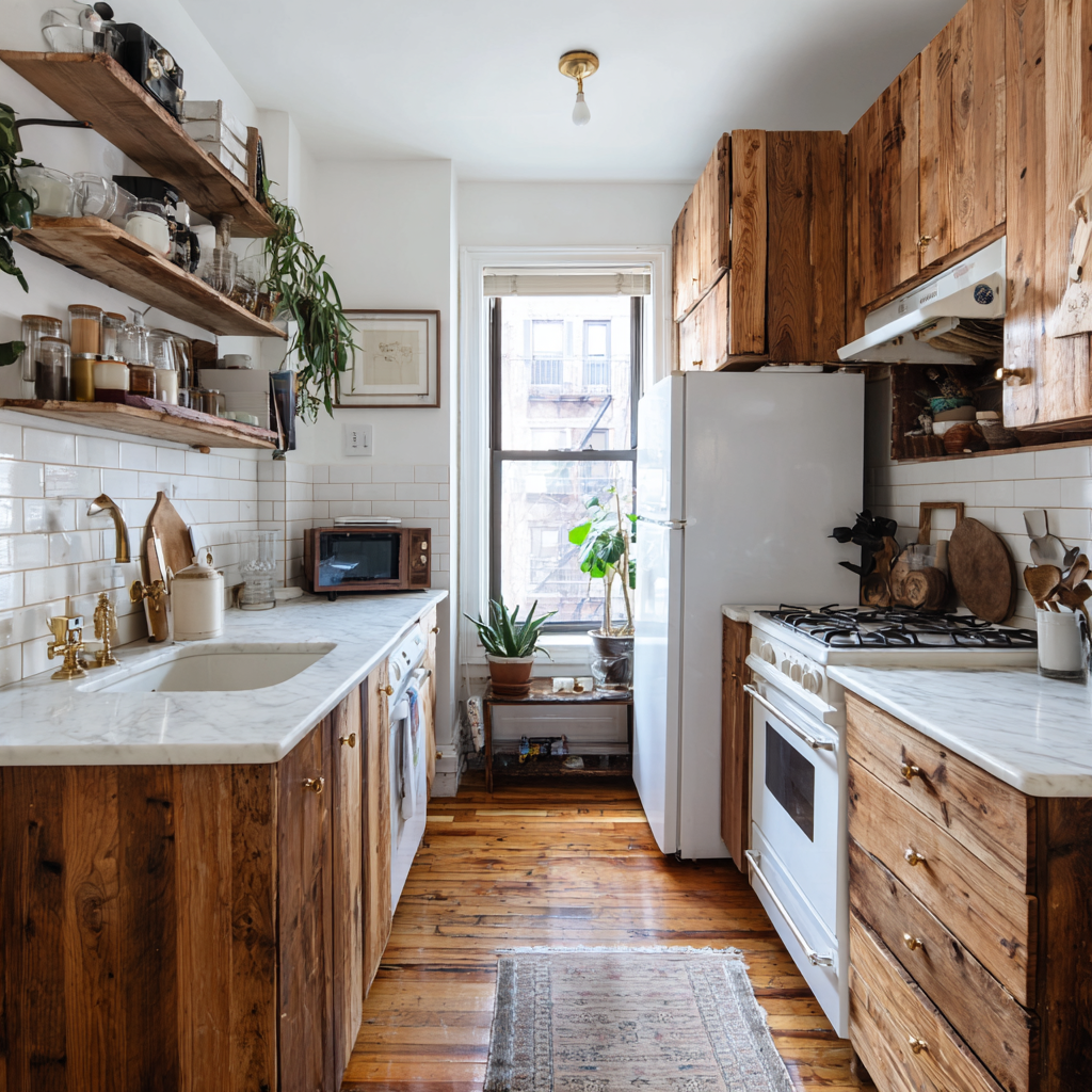 A cozy modern rustic kitchen with white appliances, reclaimed wood cabinets, open shelves, and natural light from a central window.
