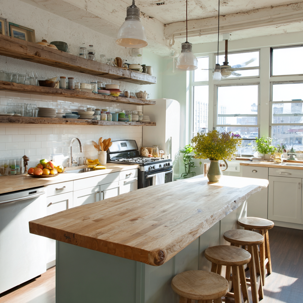 A bright, rustic kitchen with open wooden shelves, a large wood island, stools, and sunlight streaming through tall windows.