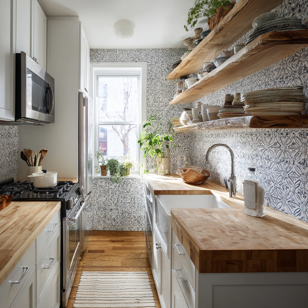 A bright, compact modern rustic kitchen with white cabinets, butcher-block counters, patterned walls, and open wooden shelves.