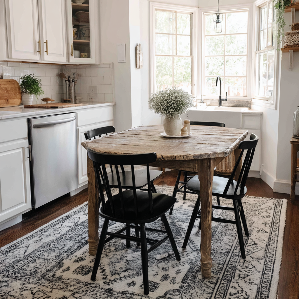 A bright farmhouse-style kitchen with white cabinets, a rustic wooden dining table, black chairs, and sunlight-filled windows.