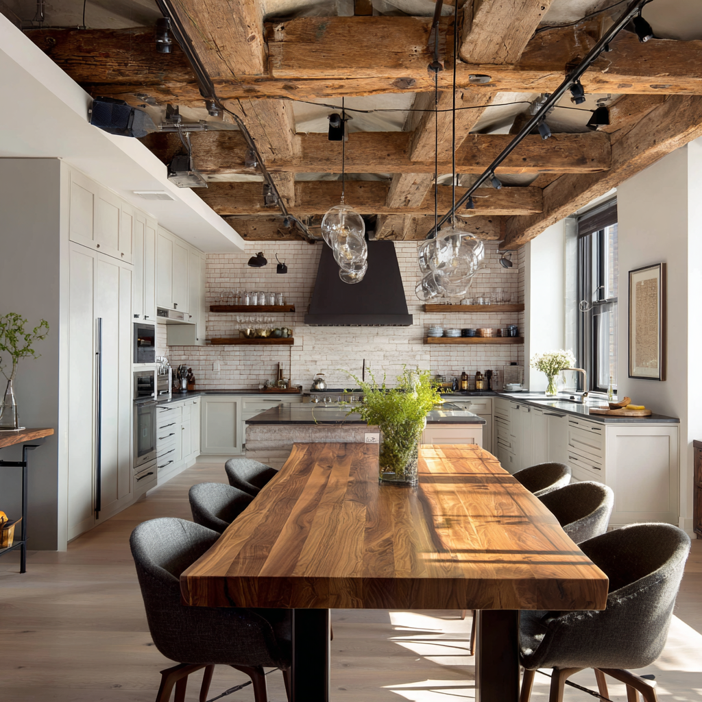 A spacious rustic-modern kitchen with exposed wooden beams, white cabinetry, open shelves, and a large wooden dining table.