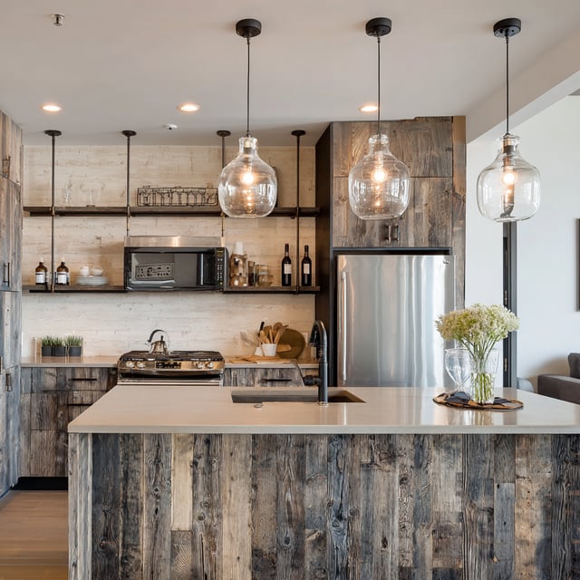 A modern rustic kitchen with a wood island, glass pendant lights, open shelves, and stainless steel appliances.