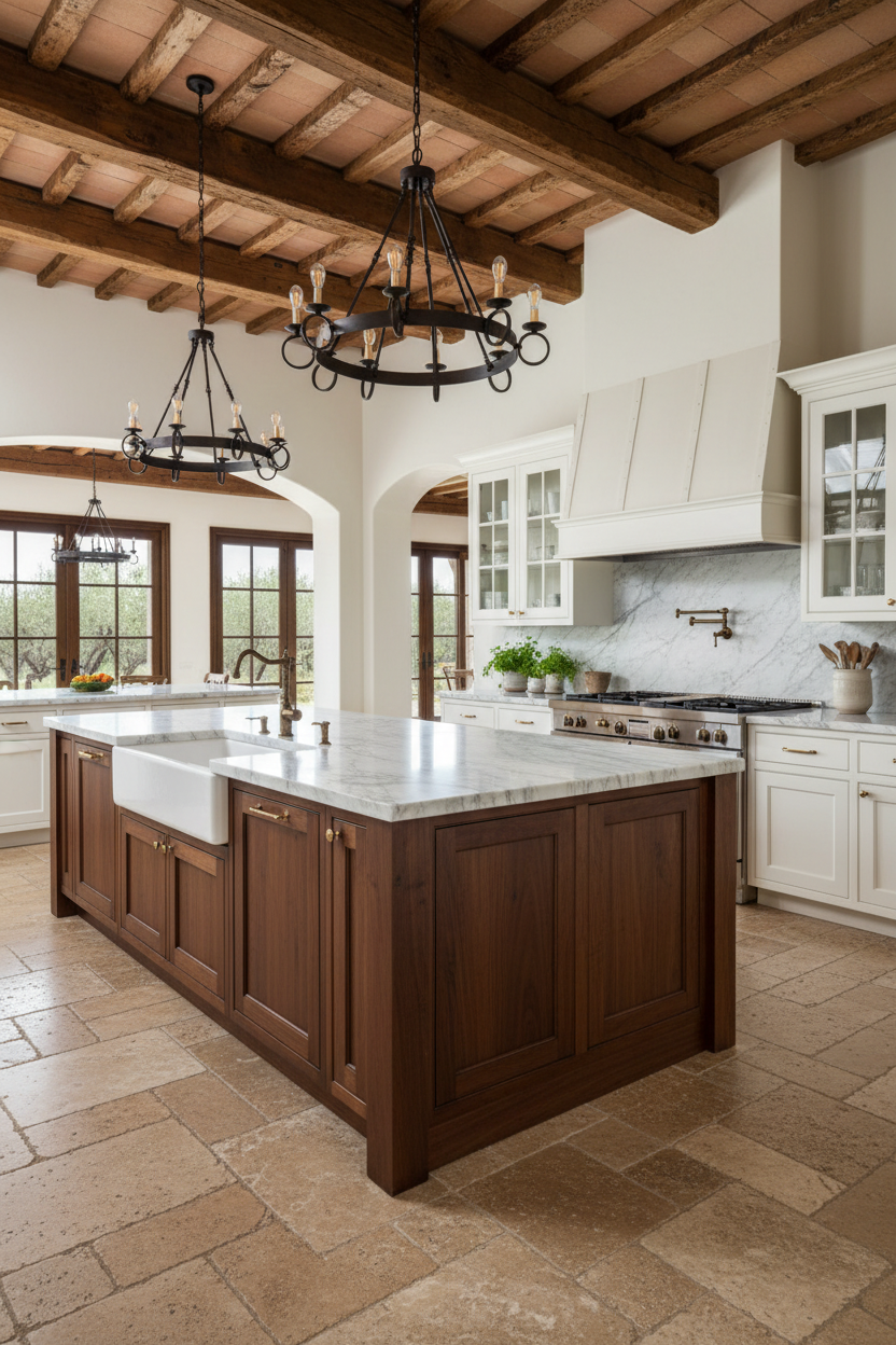 A kitchen with a large marble-topped island and wrought-iron chandeliers