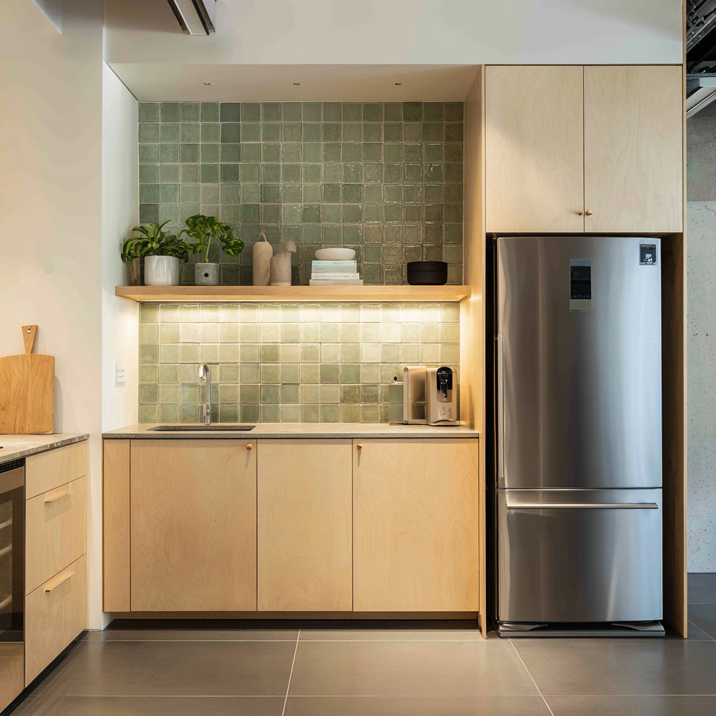 Modest Japandi compact kitchen with a slim stainless steel refrigerator recessed into a wall of natural maple cabinets, accented by muted green tiles and sleek concrete floors, referencing a modern Oslo apartment.