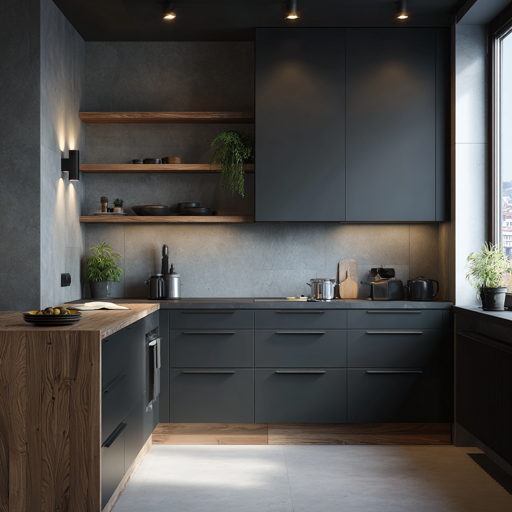 Modest Japandi small kitchen featuring deep charcoal cabinetry, walnut wood accents, and matte graphite countertops, softly illuminated by frosted glass sconces, referencing a Tokyo loft apartment.