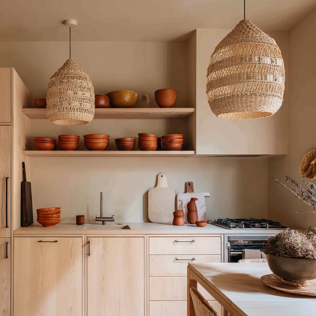 Modest Japandi studio kitchen with pale maple cabinetry, woven rattan pendant lamps, and terracotta dishware, referencing a Stockholm City flat, in the style of AD 
