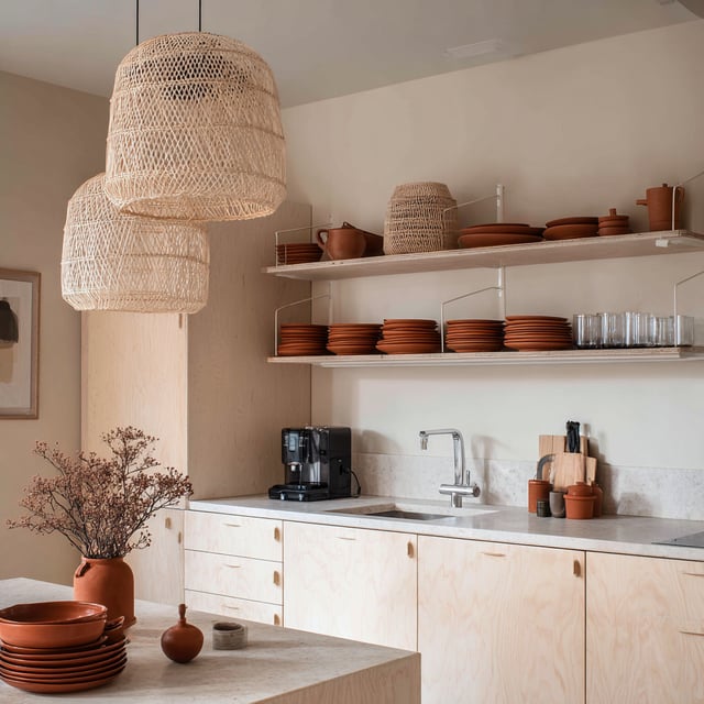 Modest Japandi studio kitchen with pale maple cabinetry, woven rattan pendant lamps, and terracotta dishware, referencing a Stockholm City flat, in the style of AD