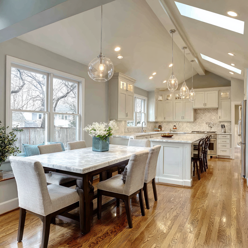A bright, open kitchen and dining area with a cathedral ceiling, skylights, white cabinetry, marble countertops, pendant glass lights, and a wooden dining table surrounded by upholstered chairs.