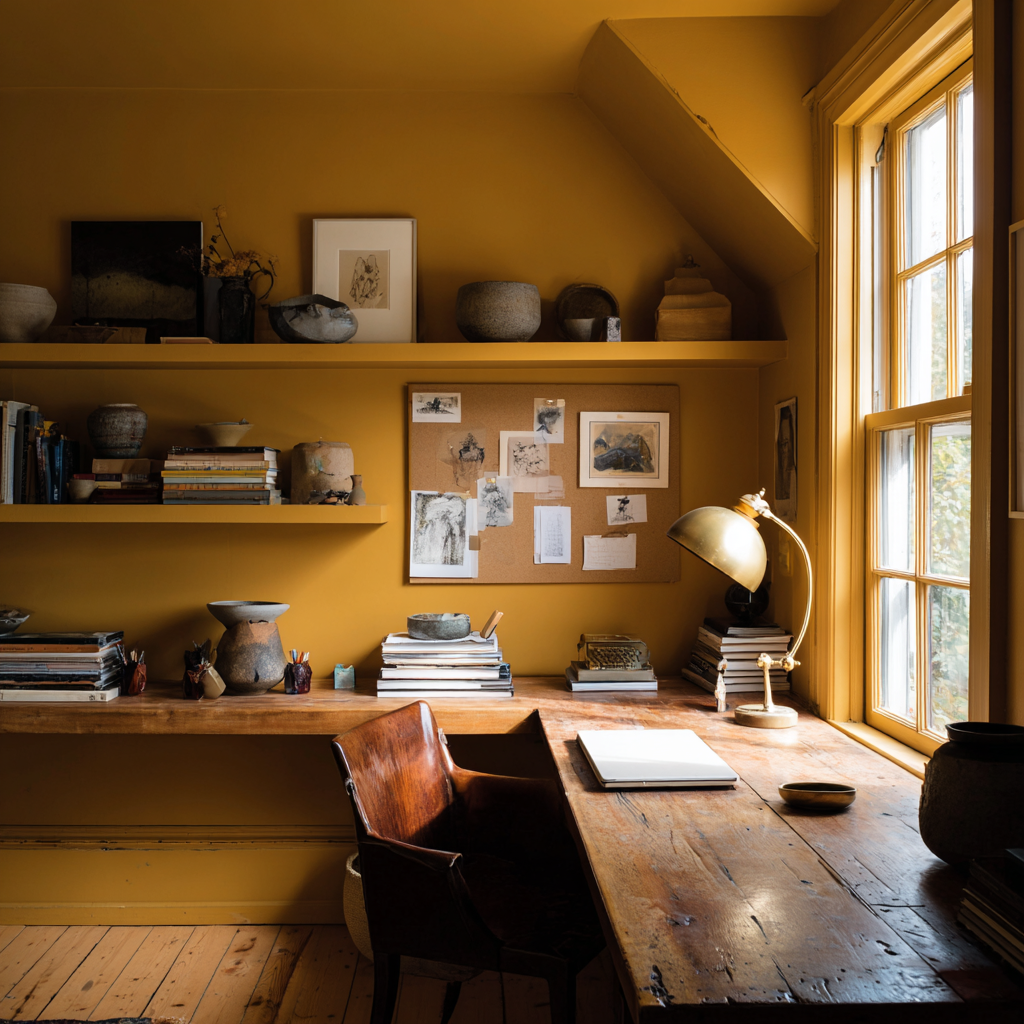  Mustard yellow office with wood desk and matching shelves.
