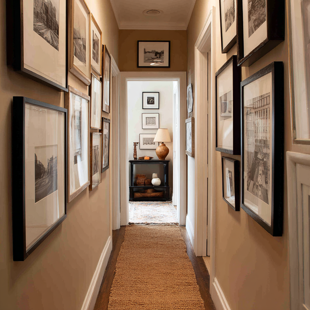 Narrow hallway with white ceiling and colored walls