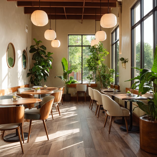 A sunlit, modern café with warm wood tones, hanging pendant lights, and abundant greenery.
