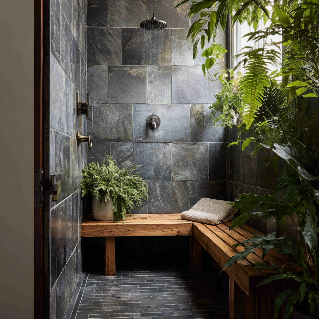 A spa-like shower with dark natural stone tile walls, a wooden bench, rainfall showerhead, and lush green plants creating a serene, nature-inspired atmosphere.