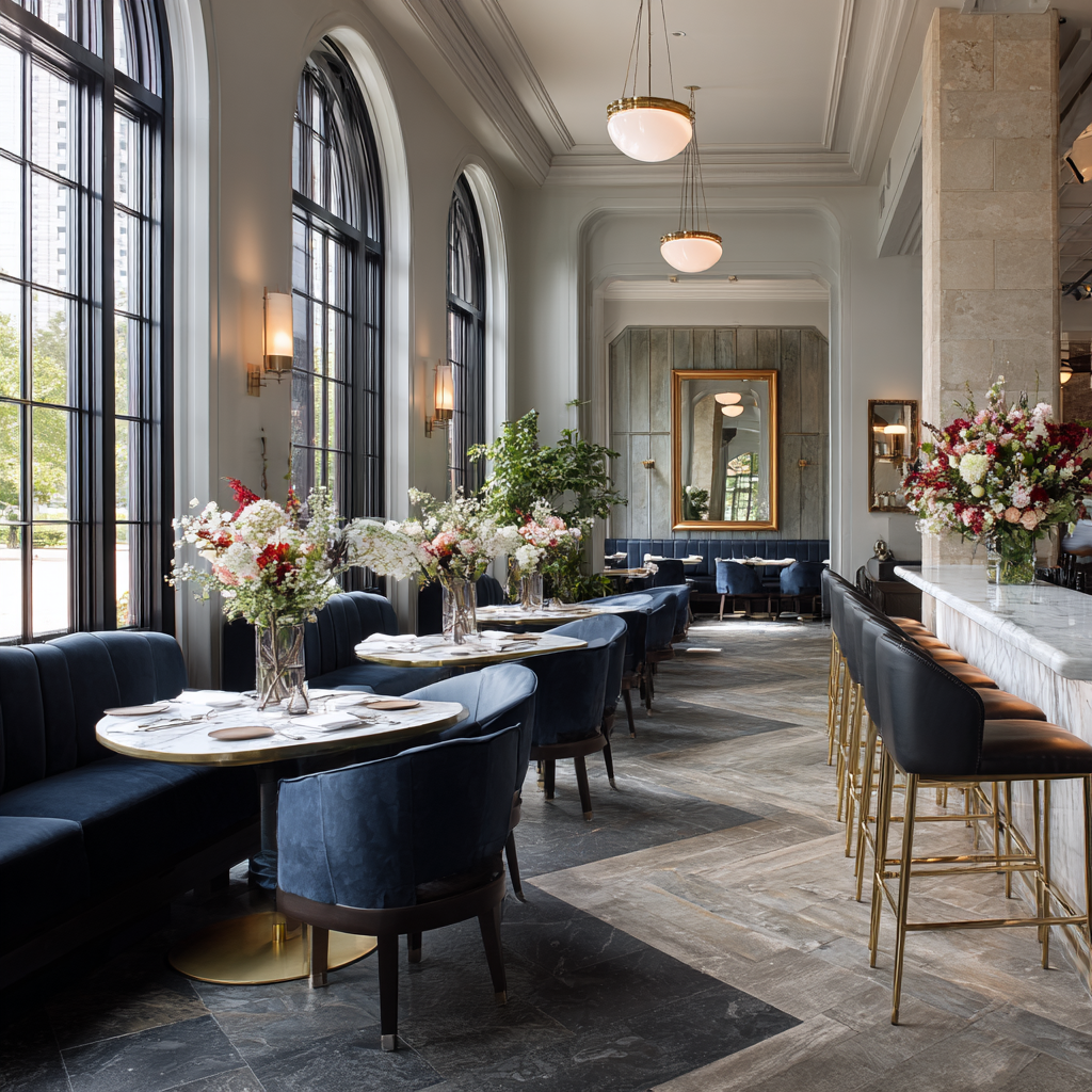 An elegant restaurant with tall arched windows, marble accents, plush seating, and refined floral arrangements.