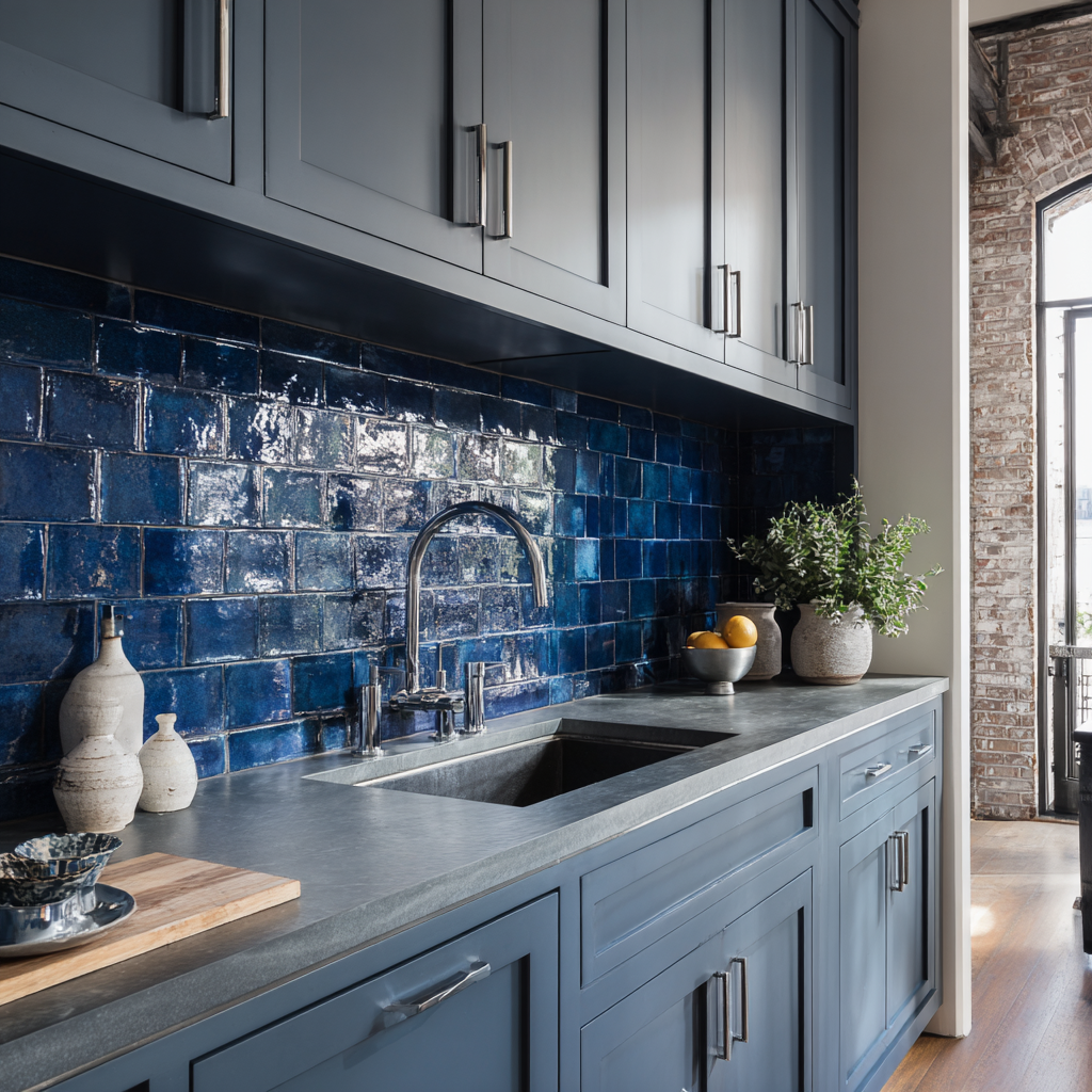 Navy Blue Backsplash and Gray Cabinets