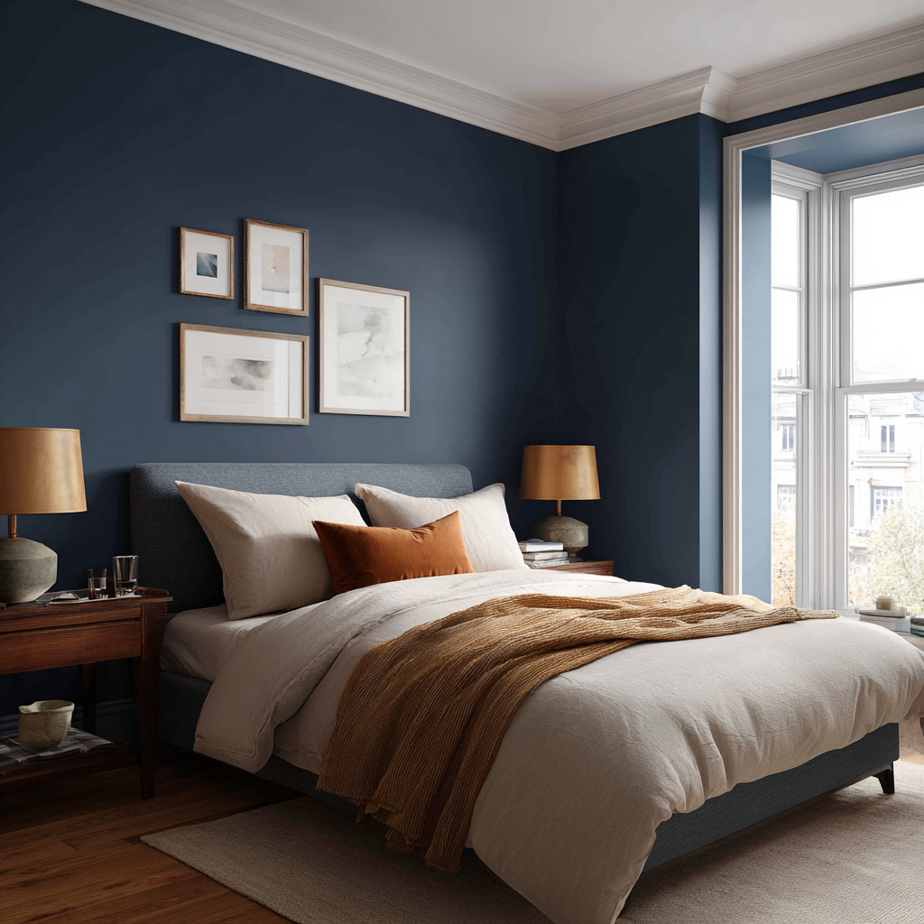 Navy blue walls and white trim create a bold, classic bedroom.