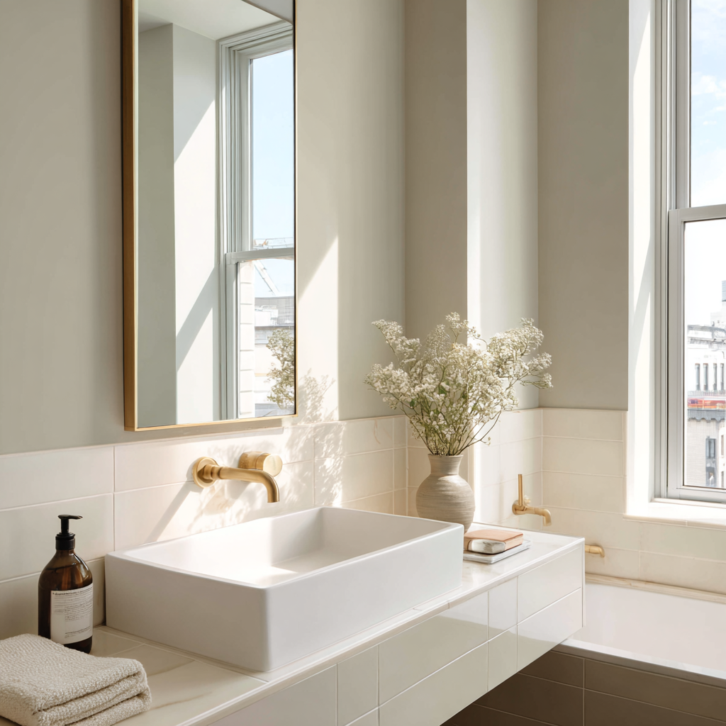 Off-White Tile and Quiet Pastel Walls