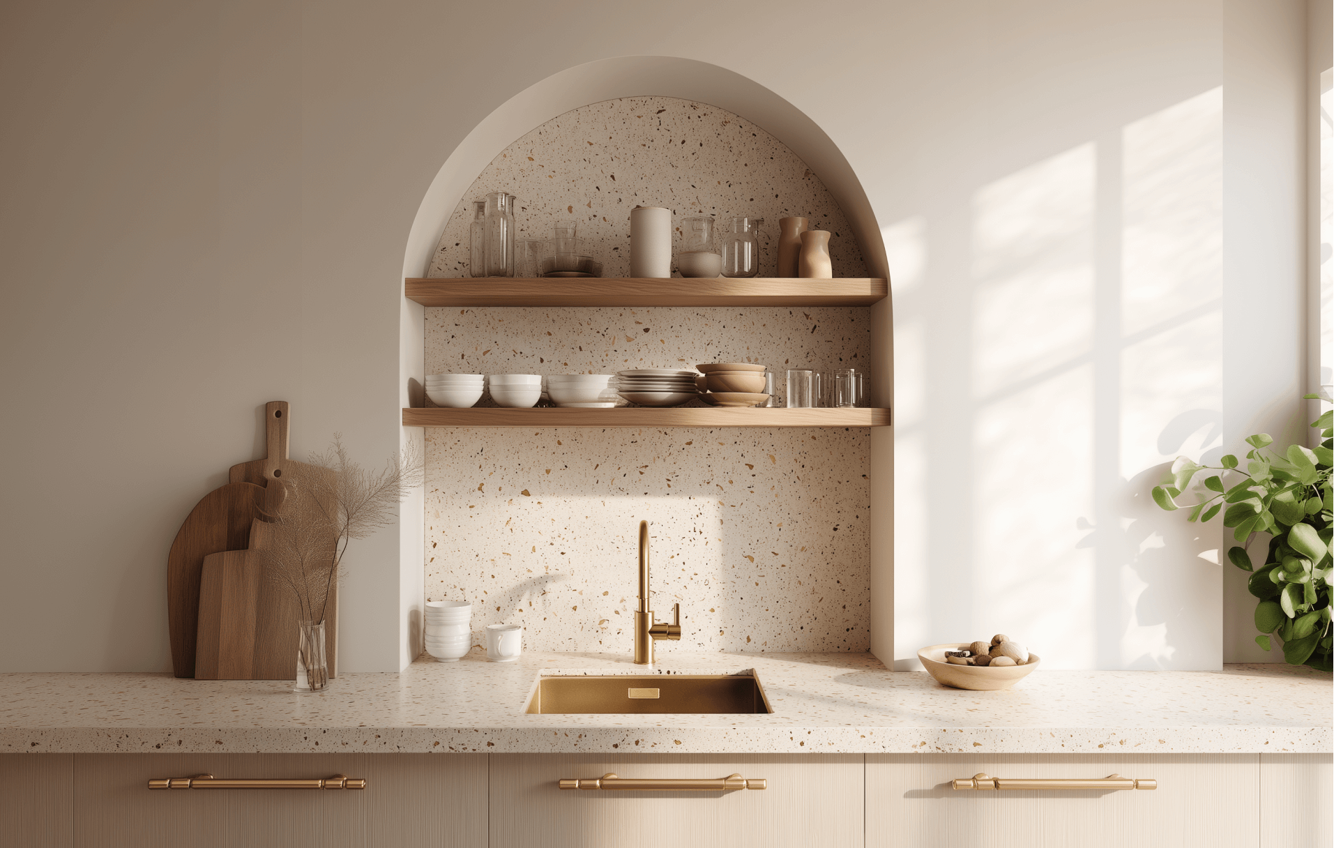 Open Kitchen Cabinets Without Doors- Arched