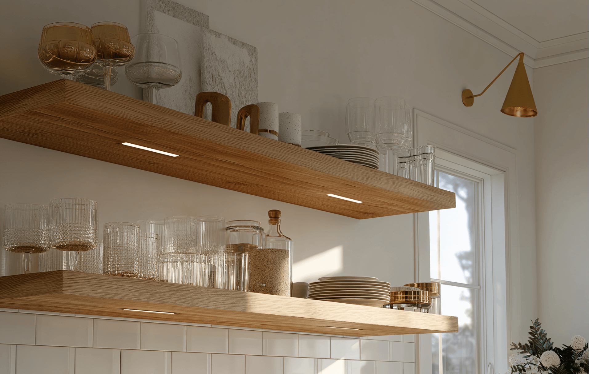 Open Kitchen Cabinets Without Doors- Wooden Floating Shelves
