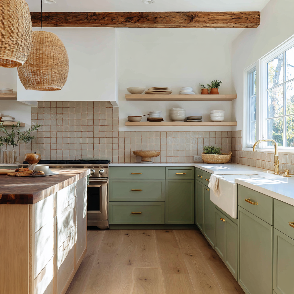 Image: A ranch kitchen shot from slightly behind and to the left of the island, looking toward the range wall with sage green lower cabinets, a zellige tile backsplash in warm off-white, a professional-style range, and a substantial hood surround as the visual anchor of the space.