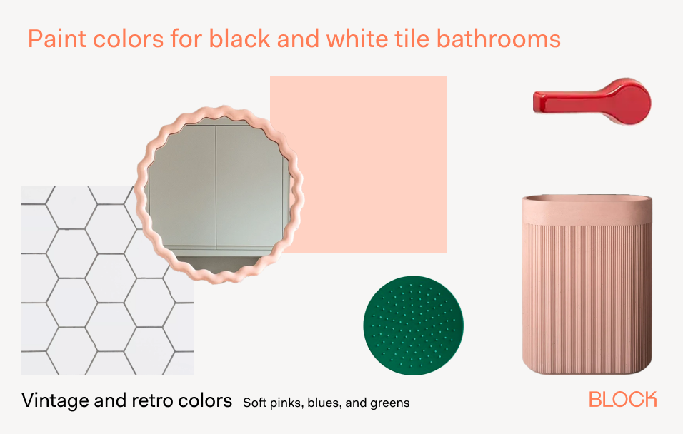 A mood board for a black and white tile bathroom with vintage and retro paint