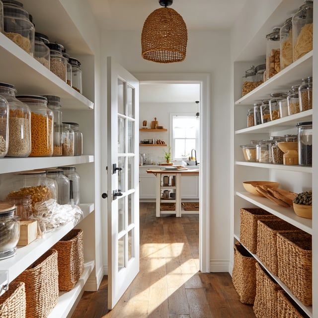 A narrow pantry area with open white shelving lining both walls, filled with clear jars of dry goods and natural woven baskets. A doorway at the end leads to a bright kitchen space.