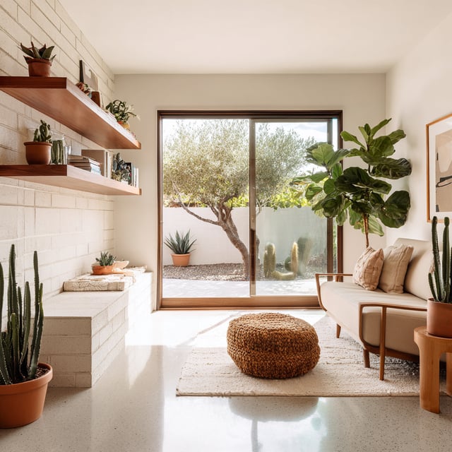 Sunlit living room with cacti and sliding glass doors.