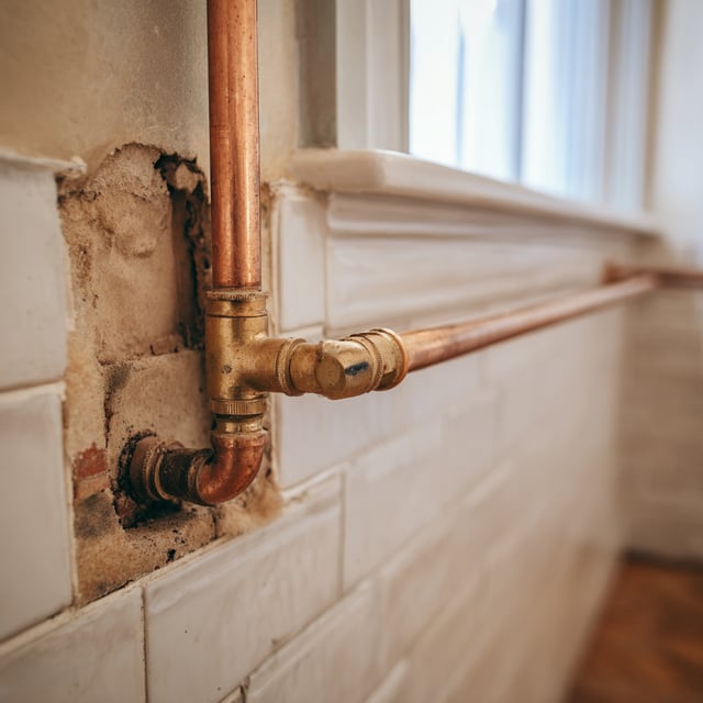 Copper pipes and brass fittings on a tiled bathroom wall.