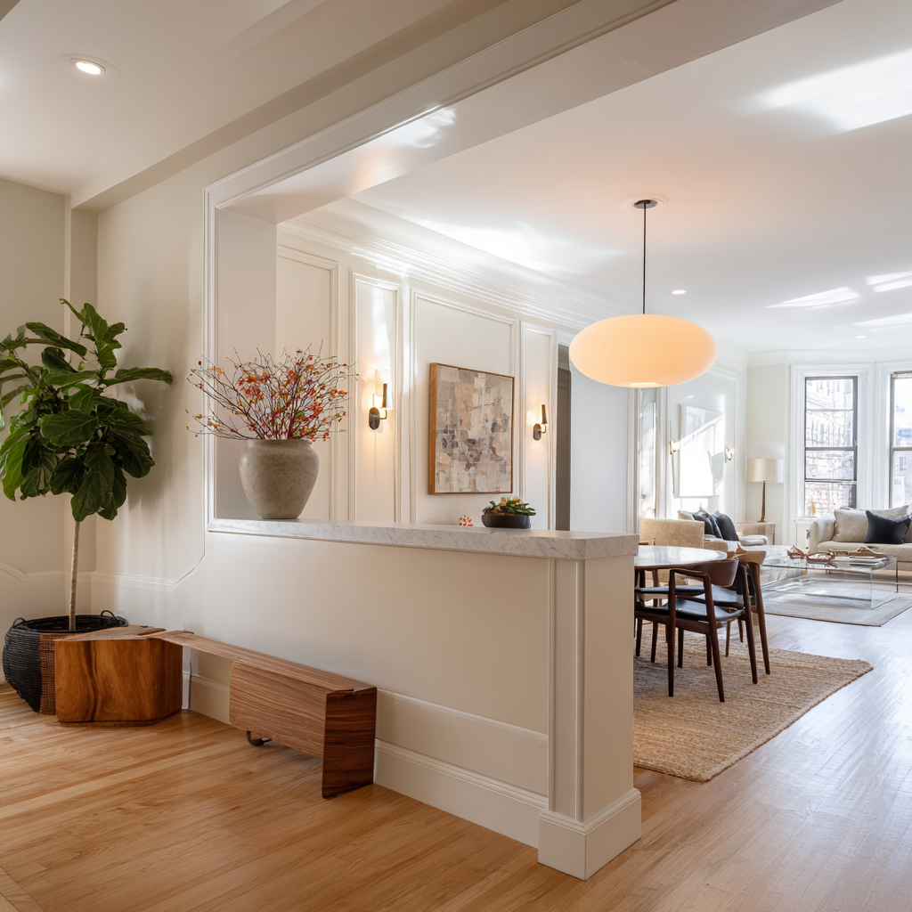 An elegant living area featuring a marble-capped pony wall that divides a formal dining space from a sunlit lounge, accented by classic wall moldings and a large fiddle-leaf fig plant.