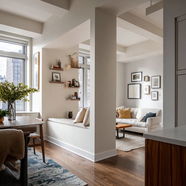 A modern, open-concept living area featuring a pony wall with a built-in upholstered bench, light oak floors, and a neutral contemporary seating area under an architectural beamed ceiling.