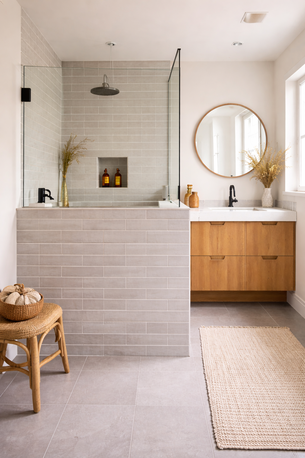 A modern, minimalist bathroom featuring a tiled pony wall that separates a walk-in shower from a floating wood vanity, paired with a round mirror and neutral stone flooring.