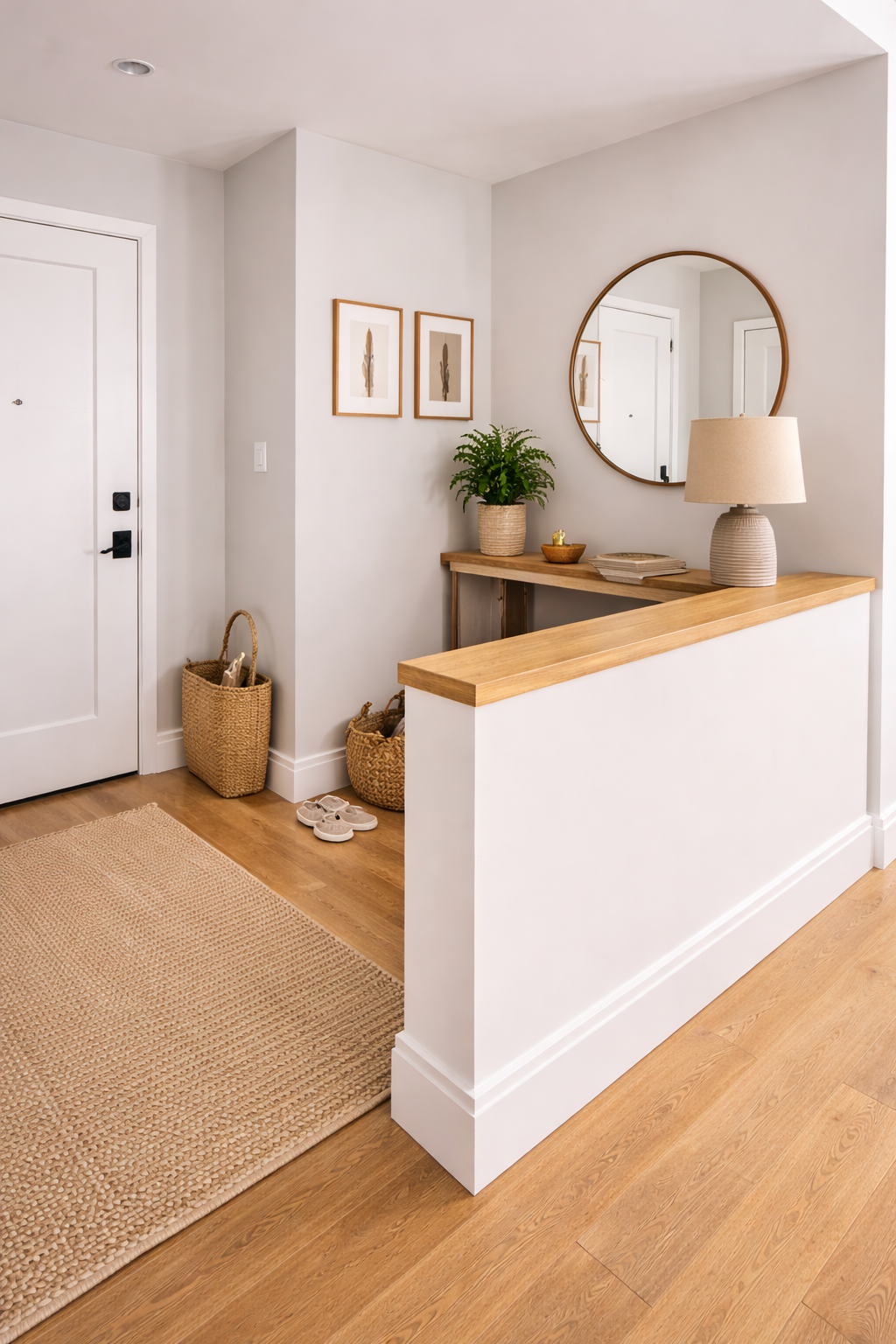 A modern apartment entryway featuring a pony wall topped with a natural wood cap, which acts as a built-in ledge for decor and lighting while defining the entry from the living space.