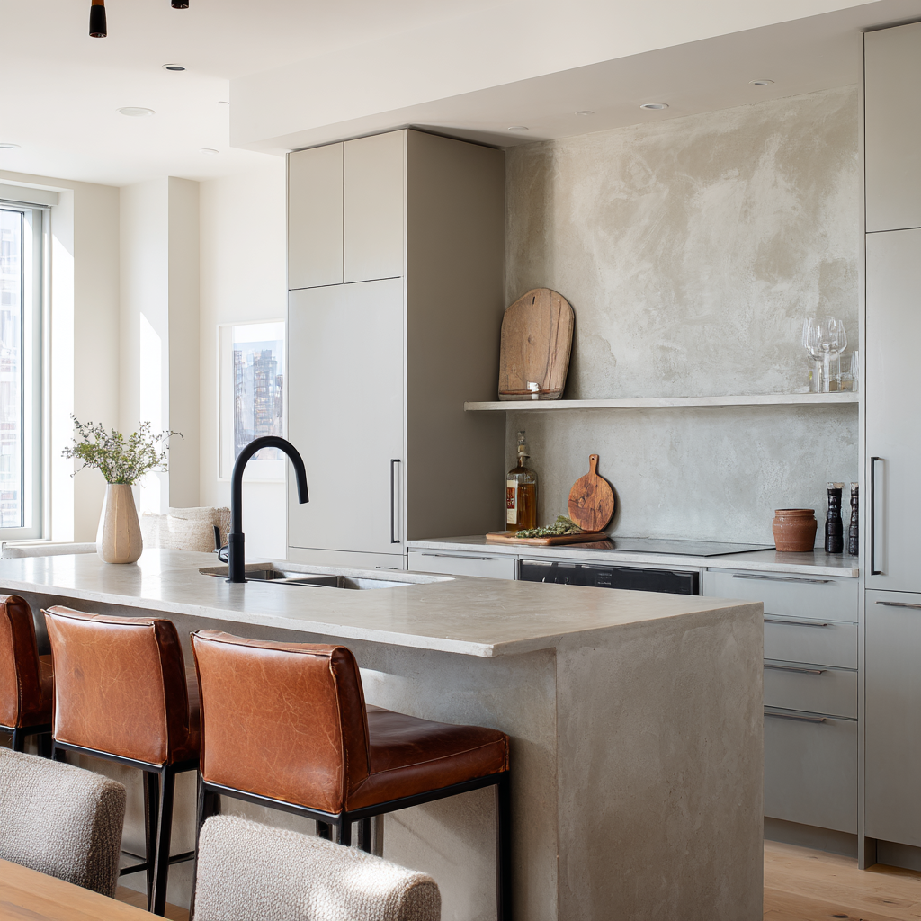 Poured Concrete backsplash and gray cabinets