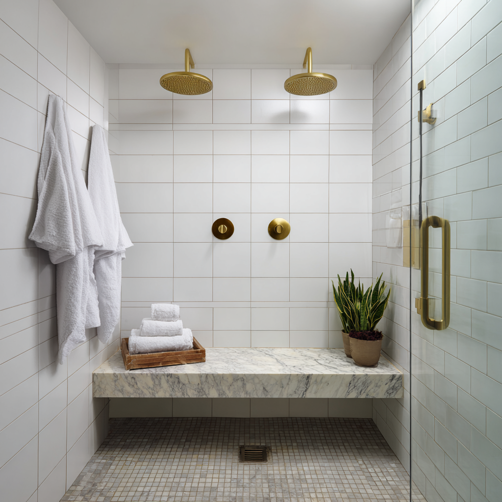 A clean, modern shower with white tiled walls, dual brass rainfall showerheads, a marble bench with folded towels and a potted plant, a glass door with brass hardware, and a mosaic tile floor.