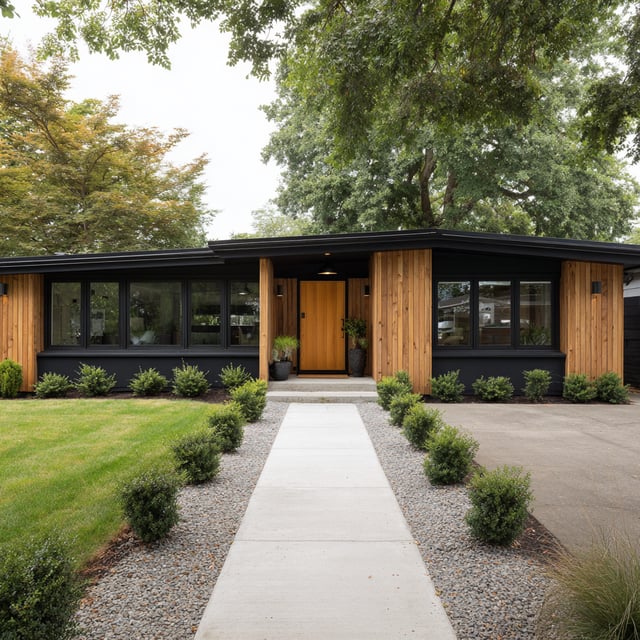 A one-story ranch home exterior remodeled with black siding and natural wood vertical planks, featuring a light wood front door, black-framed windows, and a concrete walkway flanked by small shrubs and gravel.