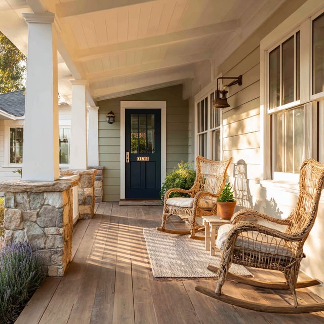 A front porch with two wicker rocking chairs, a dark blue front door with a window and house numbers, and stone and white columns.